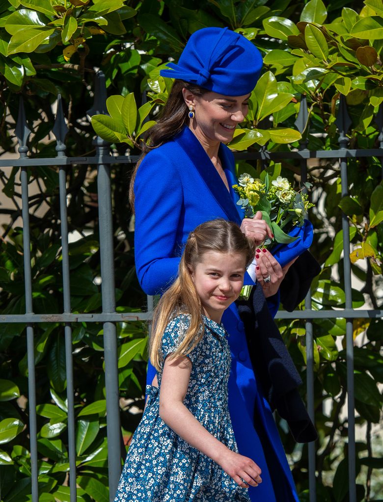 Catherine, Princess of Wales and Princess Charlotte attend the Easter Mattins Service at Windsor Castle on April 9, 2023 in Windsor, England.