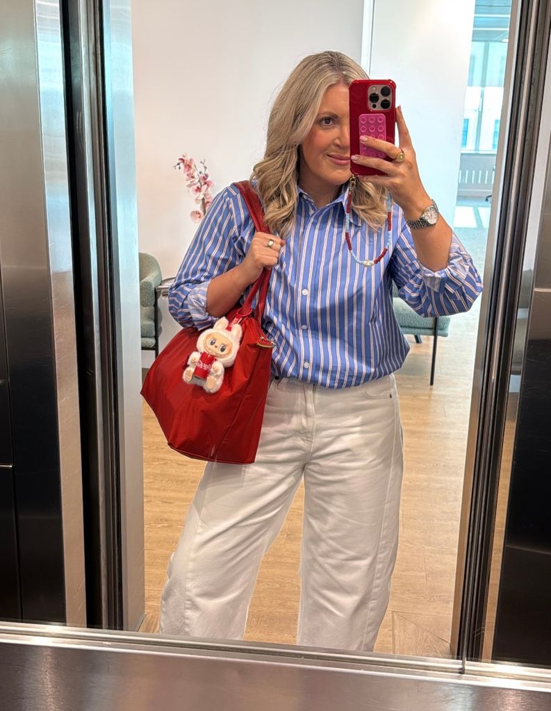 Here I am arriving to the HELLO! offices with my Longchamp tote bag (scroll down) complete with Labubu charm, but of course