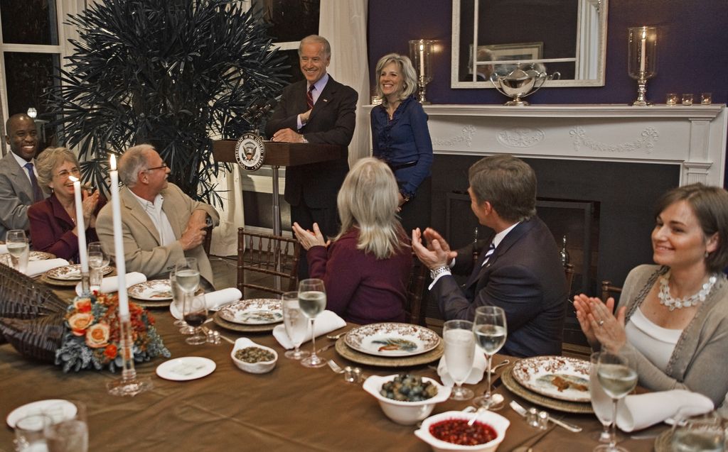 Joe Biden (top-L) and his wife Dr. Jill Biden deliver remarks before having Thanksgiving dinner at the Vice-President's residence