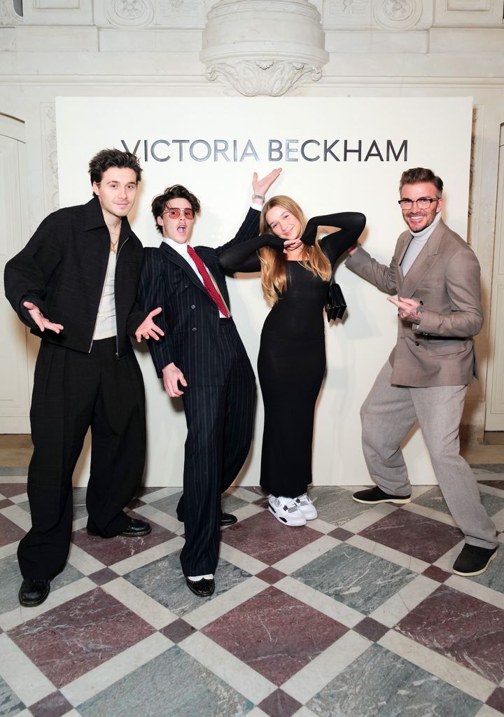  Brooklyn Beckham, Cruz Beckham, Harper Beckham and David Beckham arrive at the Victoria Beckham fashion show in Paris