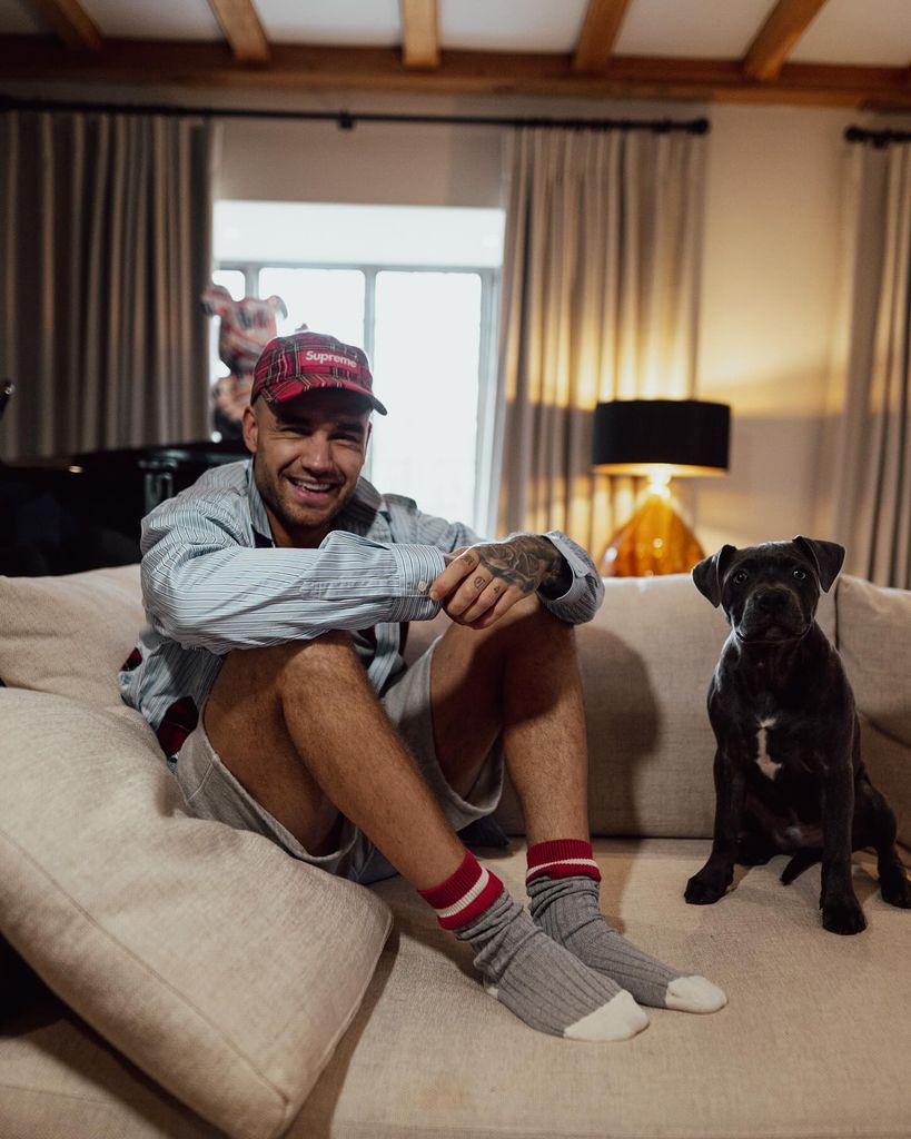 Liam Payne pictured at home sitting on sofa with pet dog 