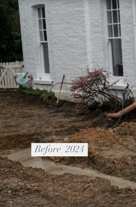 Image of Shirlie Kemp's garden covered in mud with a 'before' caption underneath