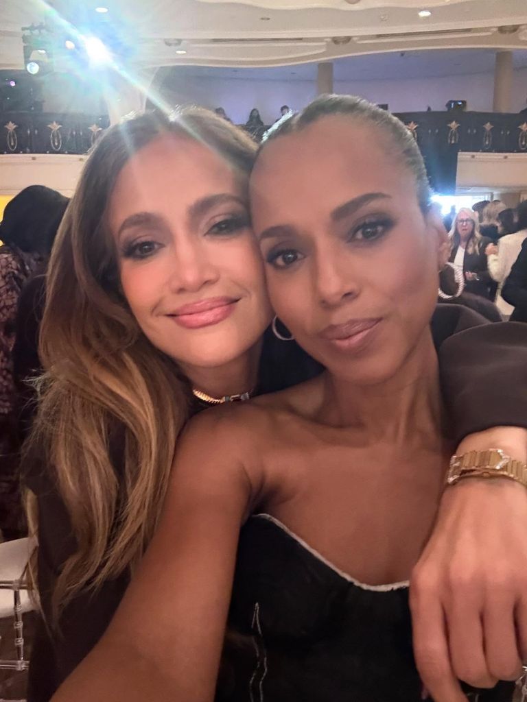 J Lo and Kerry Washington post for a sweet selfie, both smiling at the camera