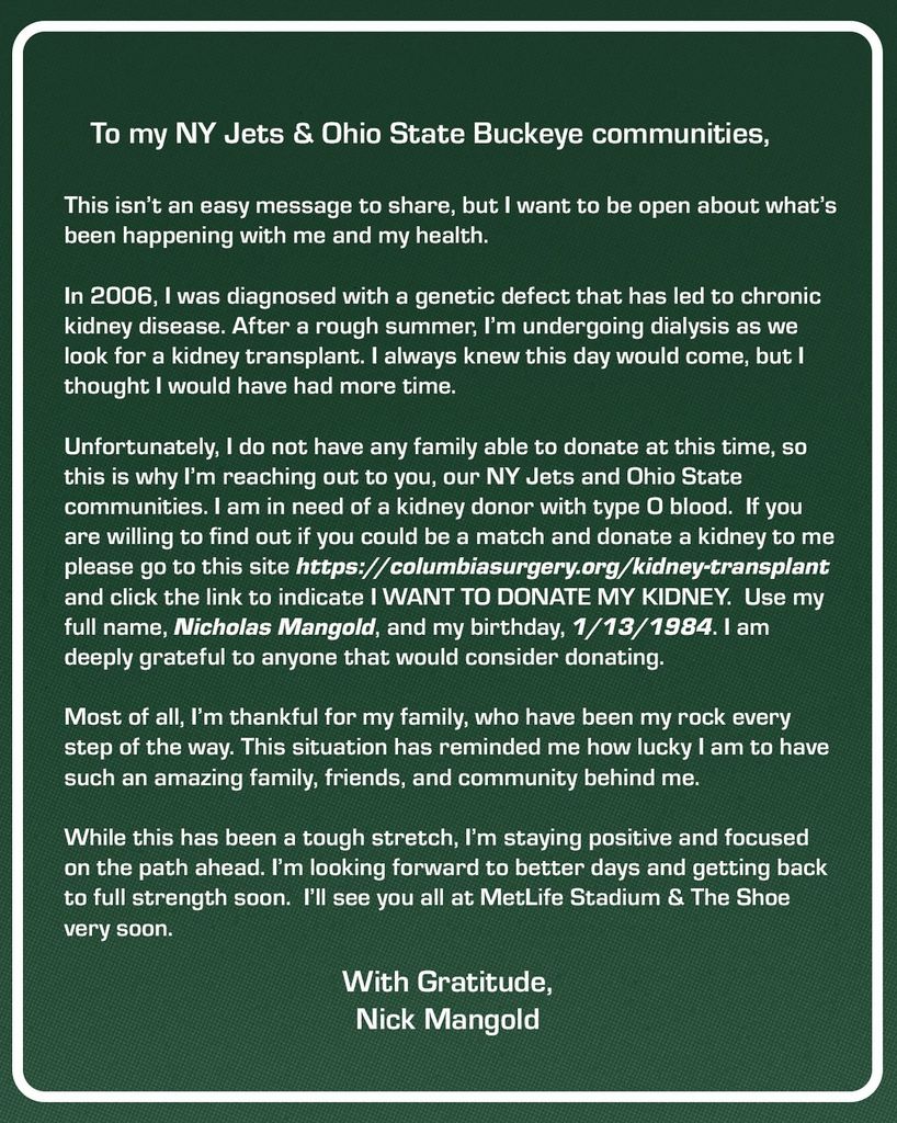 photo of a statement from nick mangold asking for a kidney