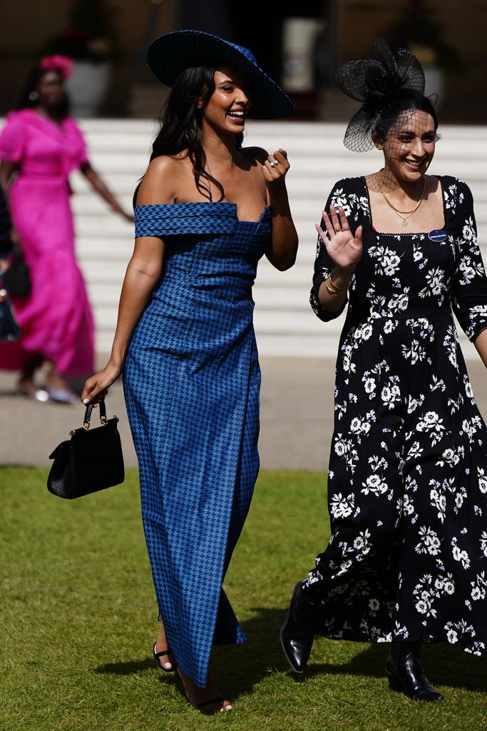Maya Jama attends (L) attends The Creative Industries Garden Party at Buckingham Palace on May 15, 2024