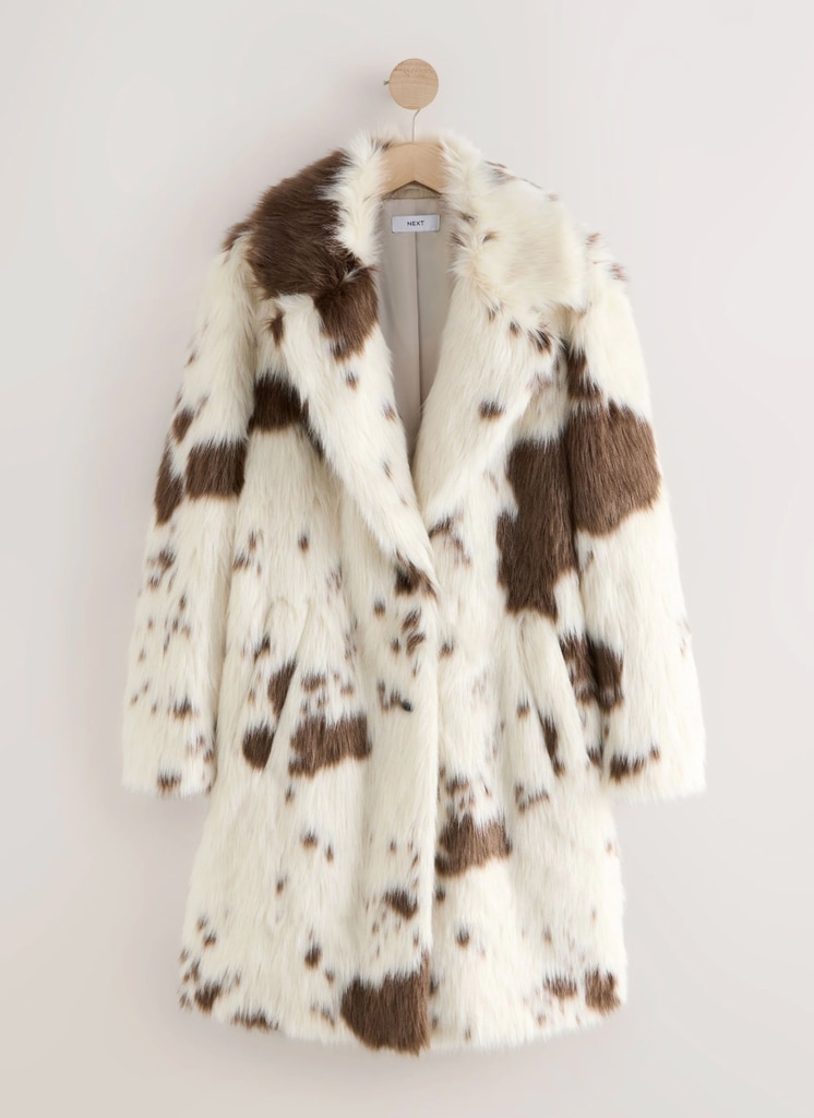 Cream Cow Print Faux Fur Coat from NEXT