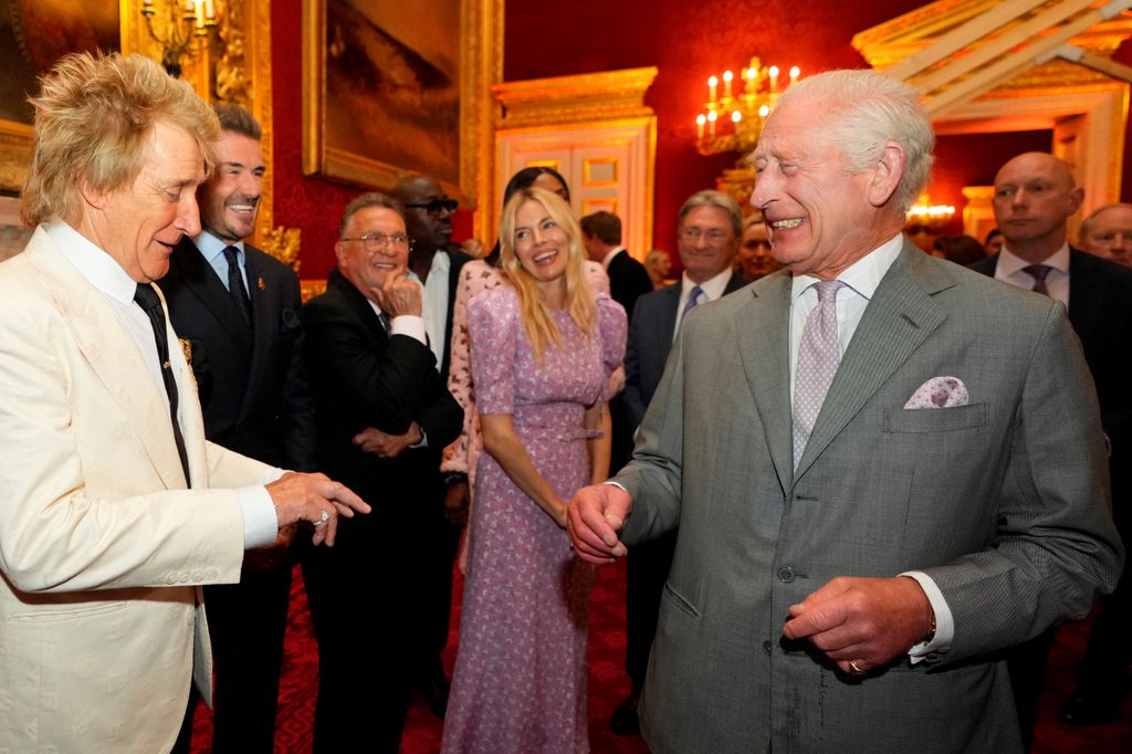 Sir Rod Stewart, David Beckham and Sienna Miller sharing a laugh with the KIng