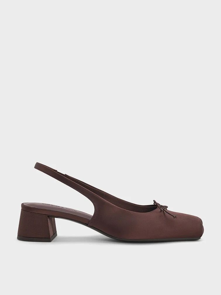 Satin Bow Square-Toe Slingback Pumps - Dark Brown