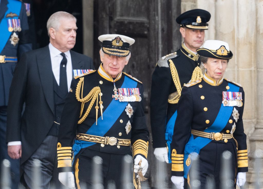 Prince Andrew walking with King Charles, Princess Anne and Prince Edward