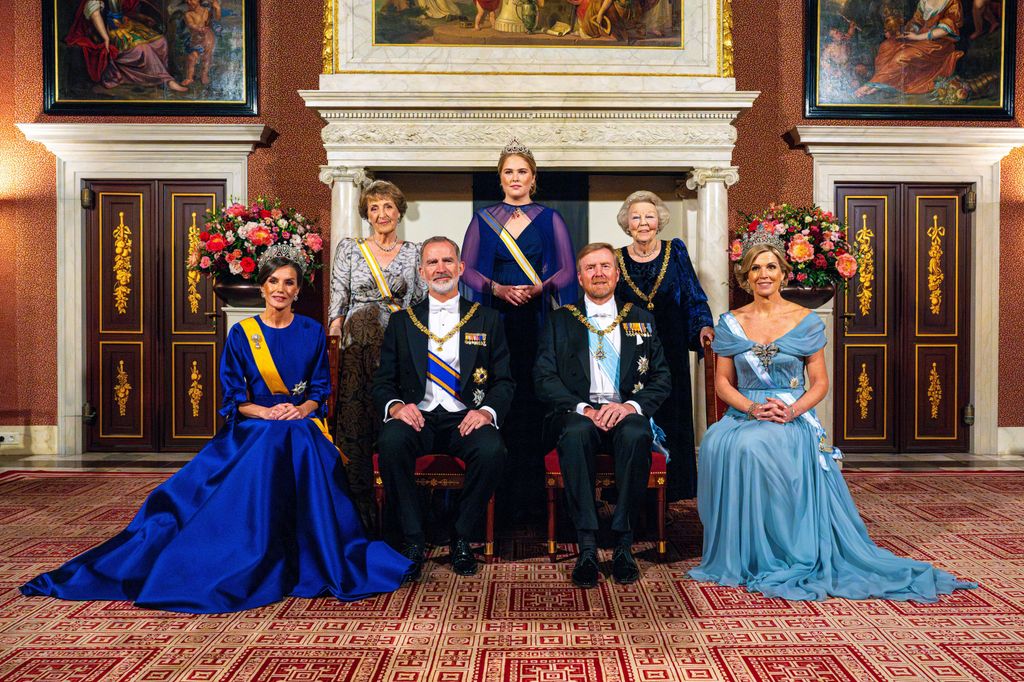 King Willem-Alexander and Queen Maxima of the Netherlands with Princess Amalia, Princess Beatrix and Princess Margriet with King Felipe and Queen Letizia of Spain at the state banquet at the Royal Palace in Amsterdam