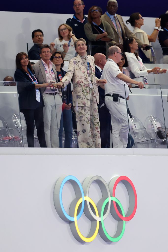  Sharon Stone attends the athletics on day nine of the Olympic Games Paris 2024 at Stade de France on August 04, 2024 in Paris, France. 