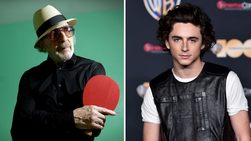 Split image of Marty Reisman and Timothée Chalamet