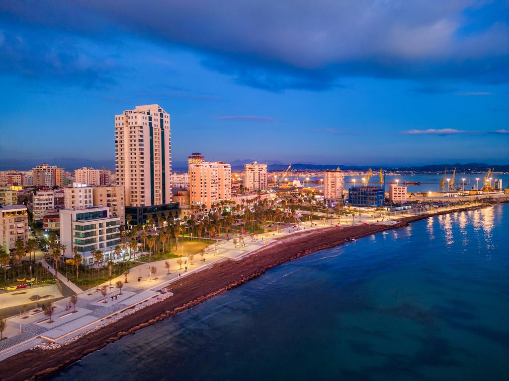 Aerial view of Durres Marina, Albanian city at night