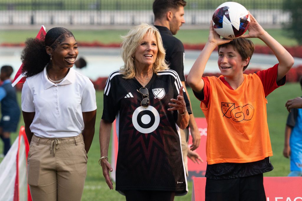 US First Lady Jill Biden with local children participating in a youth soccer clinic with Major League Soccer (MLS) players and coaches