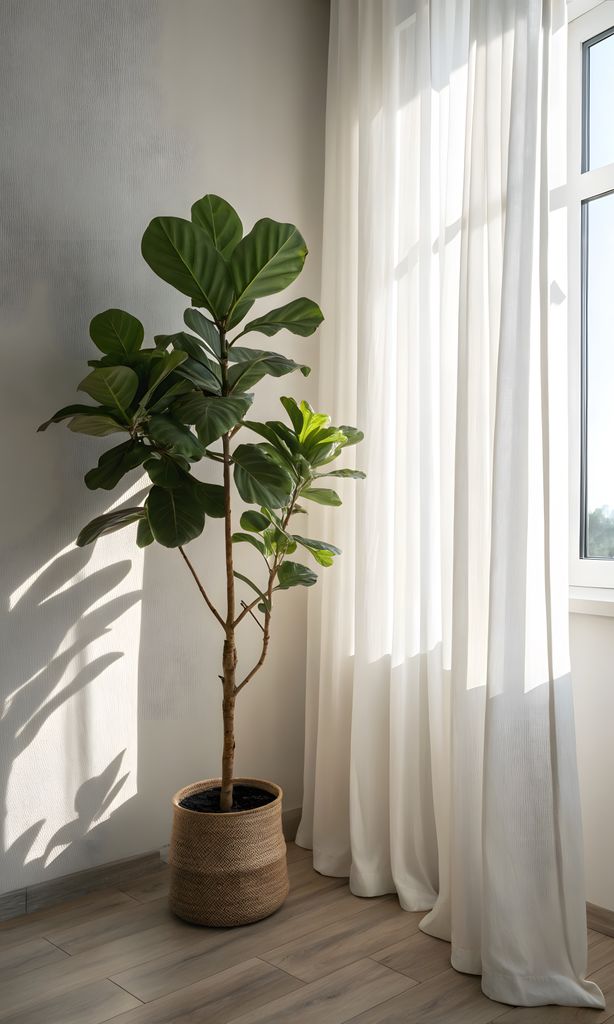 Tall fiddle leaf fig plant in woven basket positioned in