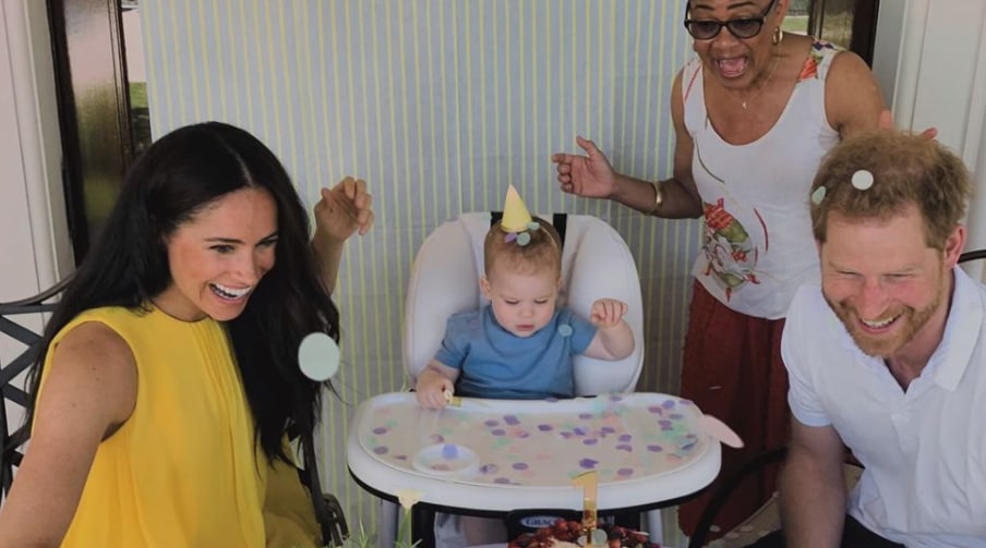 Prince Archie in high chair with Meghan, harry and Doria Ragland