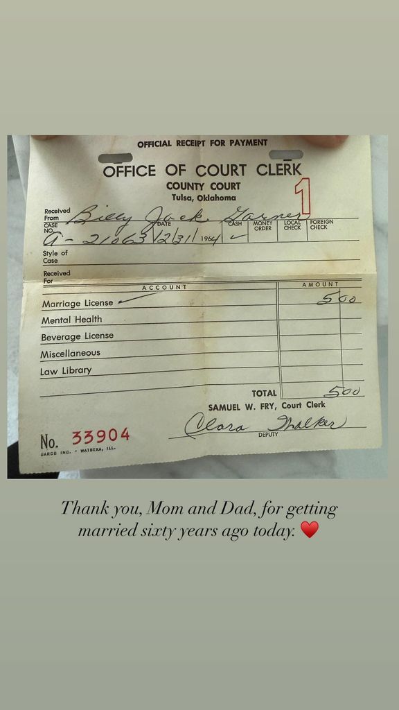 photo of a sixty year old wedding certificate posted on Jennifer Garner's Instagram