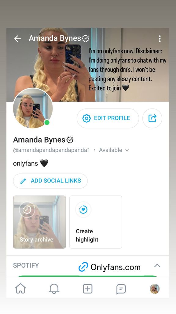 Amanda Bynes shares her decision to join OnlyFans with a screenshot of her profile on her Instagram Stories