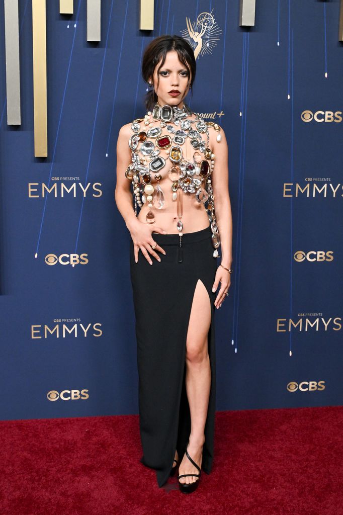 Jenna Ortega in crystal top and black skirt at the 77th Primetime Emmy Awards