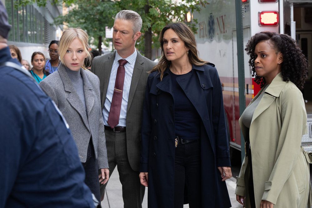 Kelli Giddish as Sgt. Amanda Rollins, Peter Scanavino as A.D.A Dominick "Sonny" Carisi Jr., Mariska Hargitay as Capt. Olivia Benson, Aimé Donna Kelly as Capt. Renee Curry in Law & Order: SVU