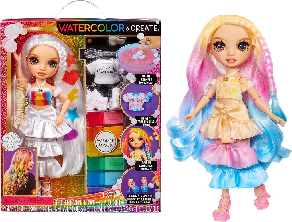 MGA Rainbow High Watercolour & Create DIY Fashion Doll with Washable Watercolours and Tie-Dye Kit