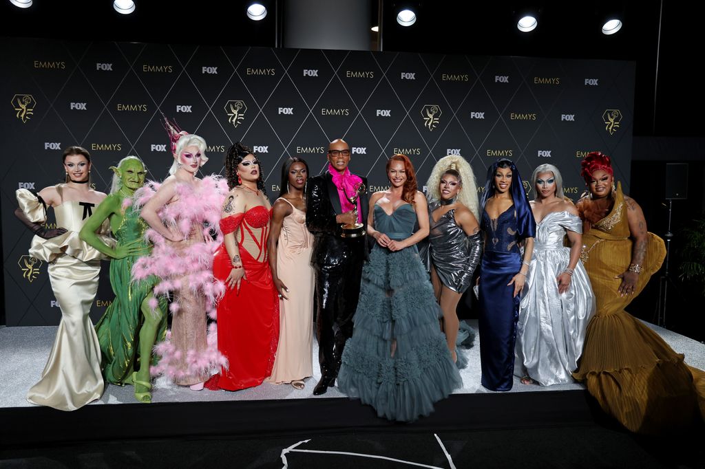 RuPaul and winners of Outstanding Reality TV Competition for "RuPaul's Drag Race" pose in the press room during the 75th Primetime Emmy Awards at Peacock Theater on January 15, 2024 in Los Angeles, California.