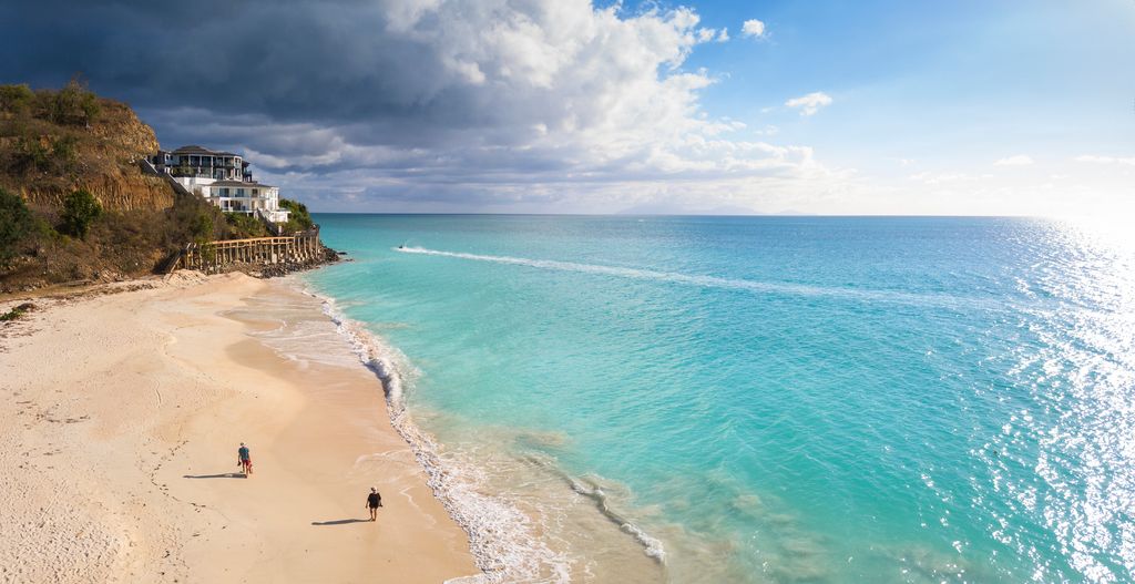 Panoramic elevated view of Ffryes Beach, Antigua, Antigua and Barbuda, Caribbean, Leeward Islands, West Indies
