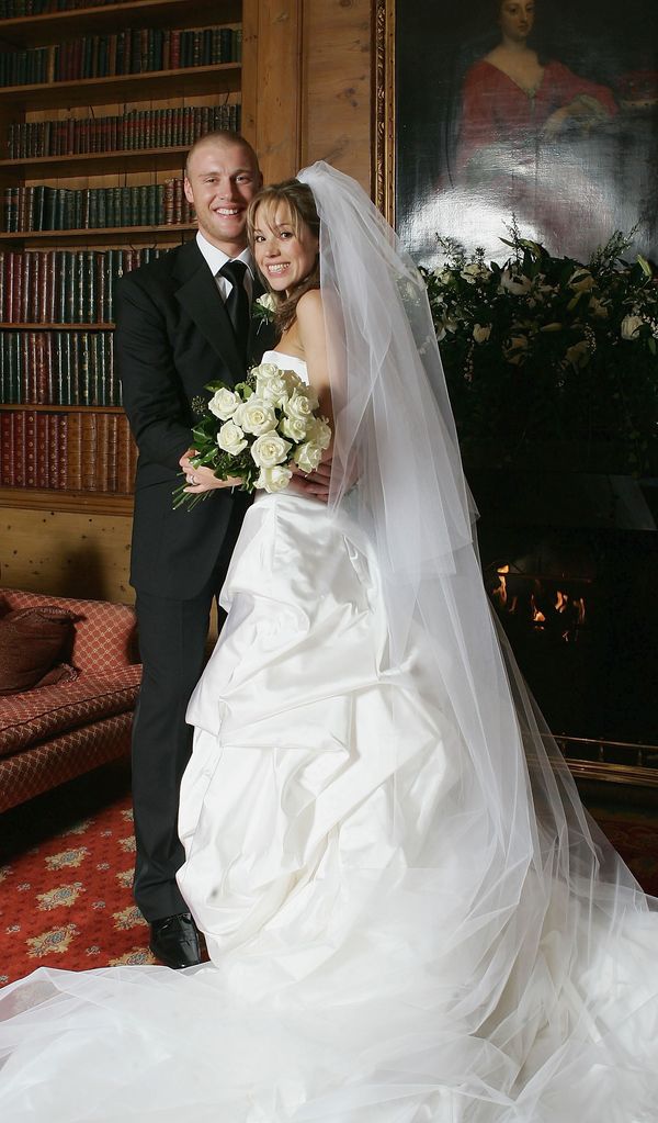 Andrew Flintoff in a suit and Rachael Wools in a wedding dress