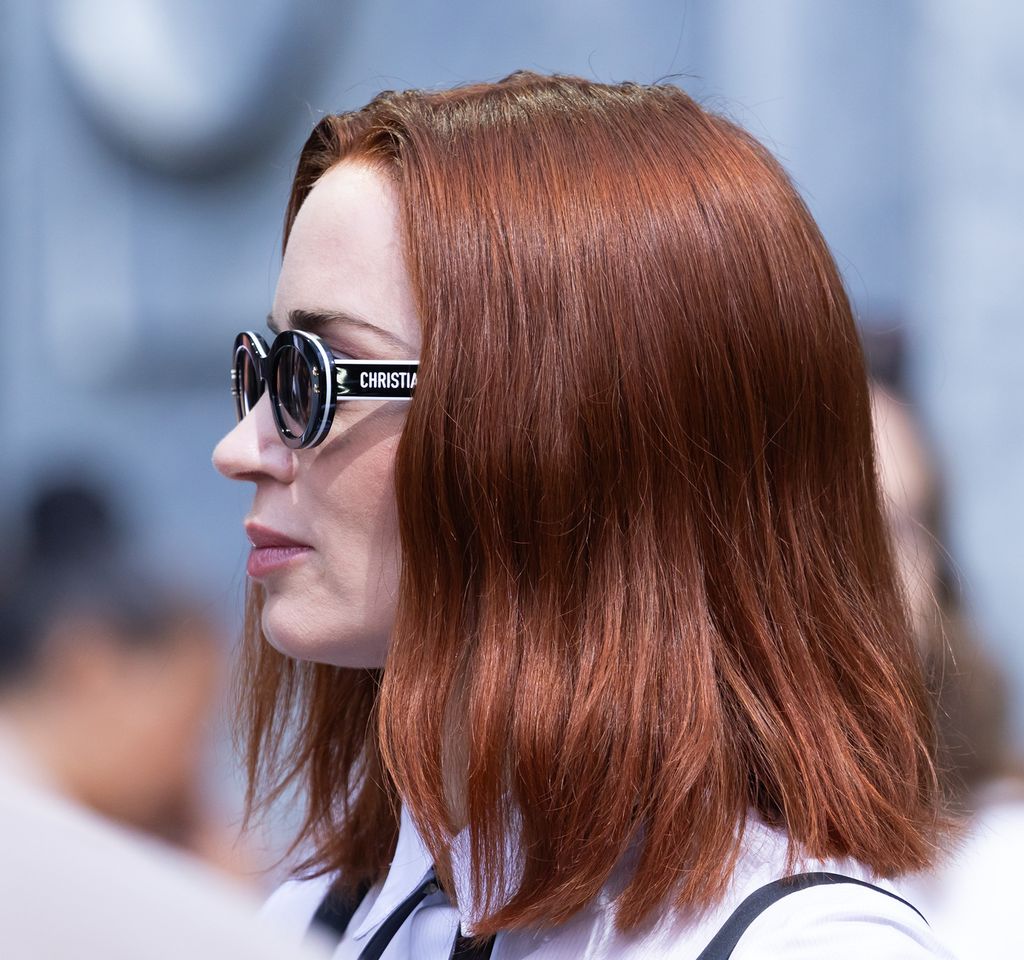 Emily Blunt starring as Emily on Devil Wears Prada 2 wearing black and white DiorPacific Cat Eye Sunglasses