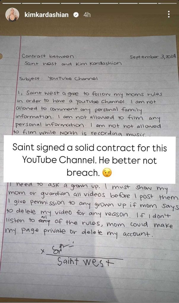 Kim revealed the contract she made her son Saint sign for his YouTube channel