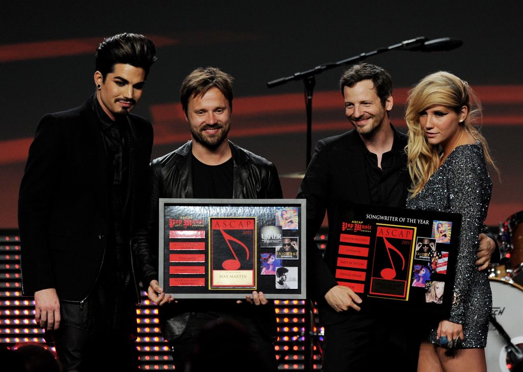 Adam Lambert, Songwriters of the Year Max Martin and Lukasz "Dr. Luke Gottwald and singer Ke$ha pose onstage at the 28th Annual ASCAP Pop Music Awards at the Kodak Ballroom on April 27, 2011 in Los Angeles, California
