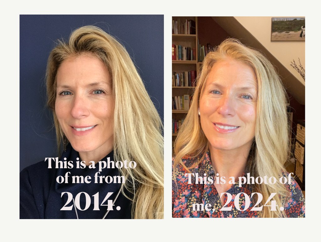 side by side photo of a blonde woman in 2014 and 2024 showing how little she has aged