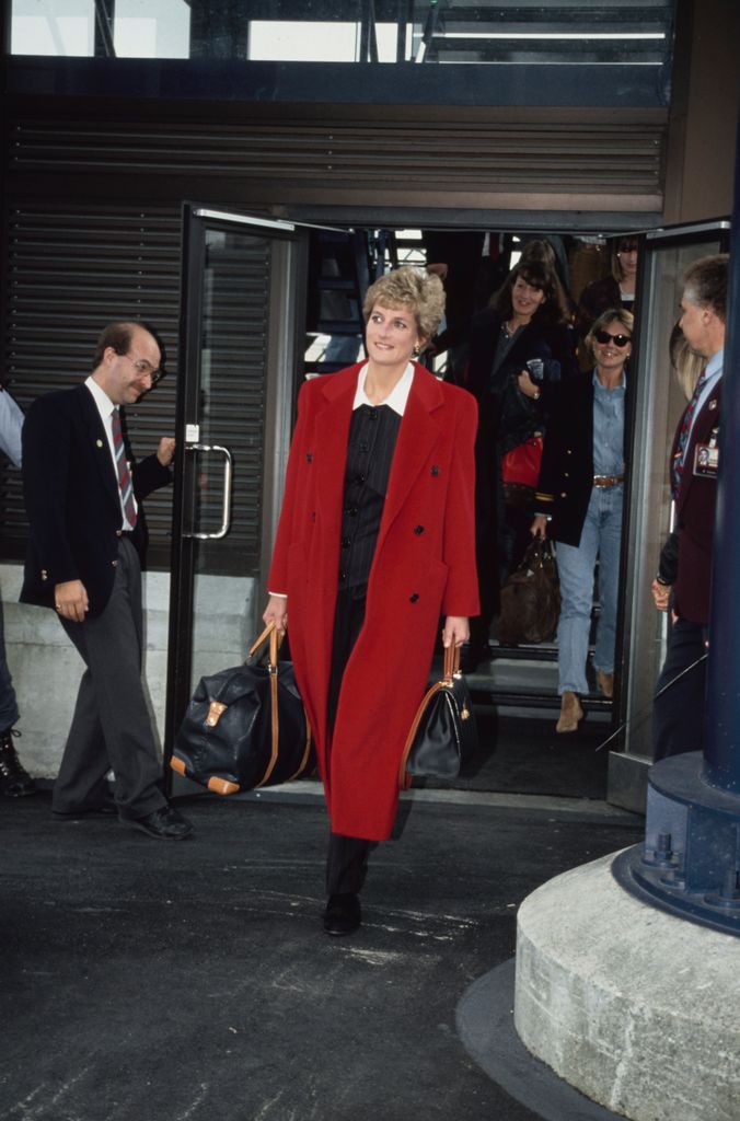 Diana, Princess of Wales arrives at Zurich airport for a family skiing holiday in Switzerland in 1994