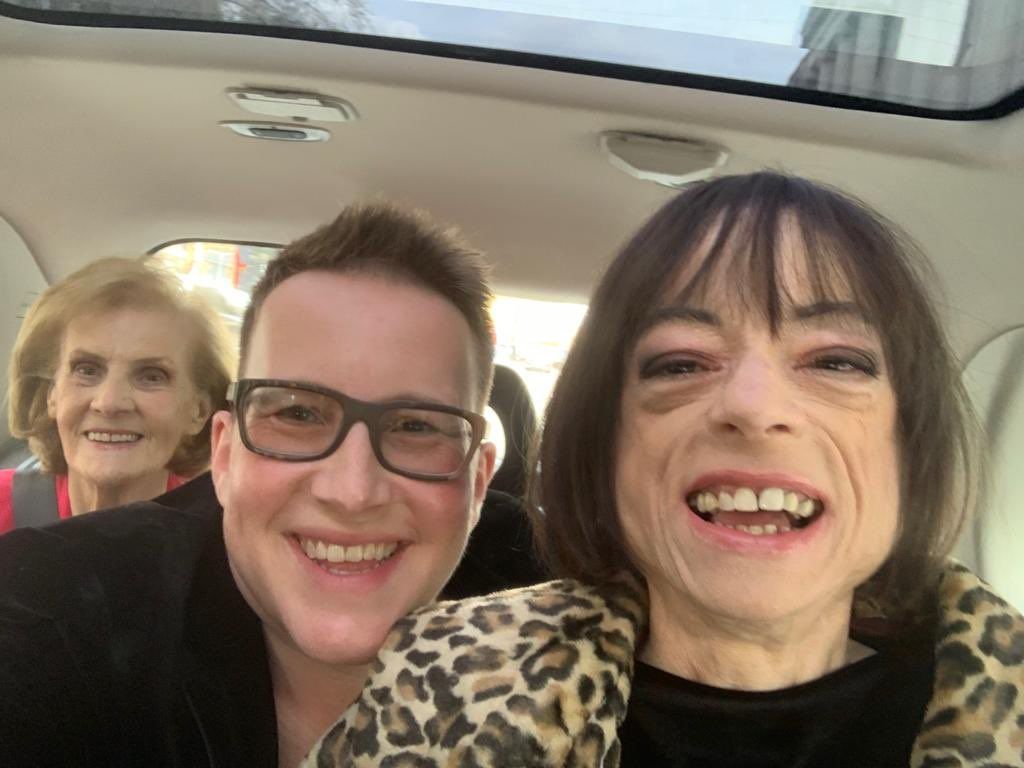 Liz Carr with her wife Jo and mum