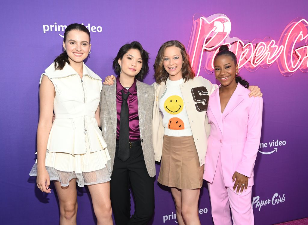 Actresses Fina Strazza, Riley Lai Nelet, Sofia Rosinsky and Camryn Jones attend the fan screening of Amazon Prime Video's "Paper Girls" at the Manchester Grand Hyatt at the 2022 Comic-Con International on July 22, 2022 in San Diego, California. (Photo by Michael Buckner/Variety via Getty Images)