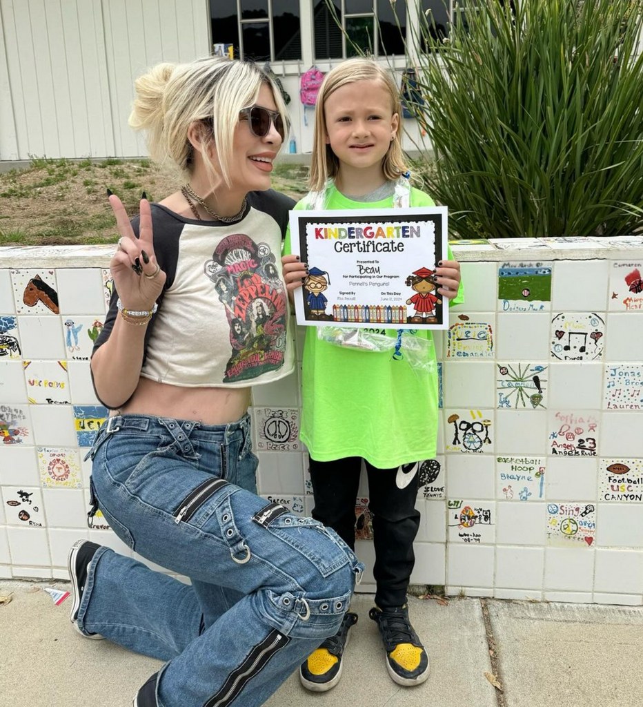 Photo shared by Tori Spelling on Instagram June 2024 from her youngest son beau's kindergarten graduation celebrations