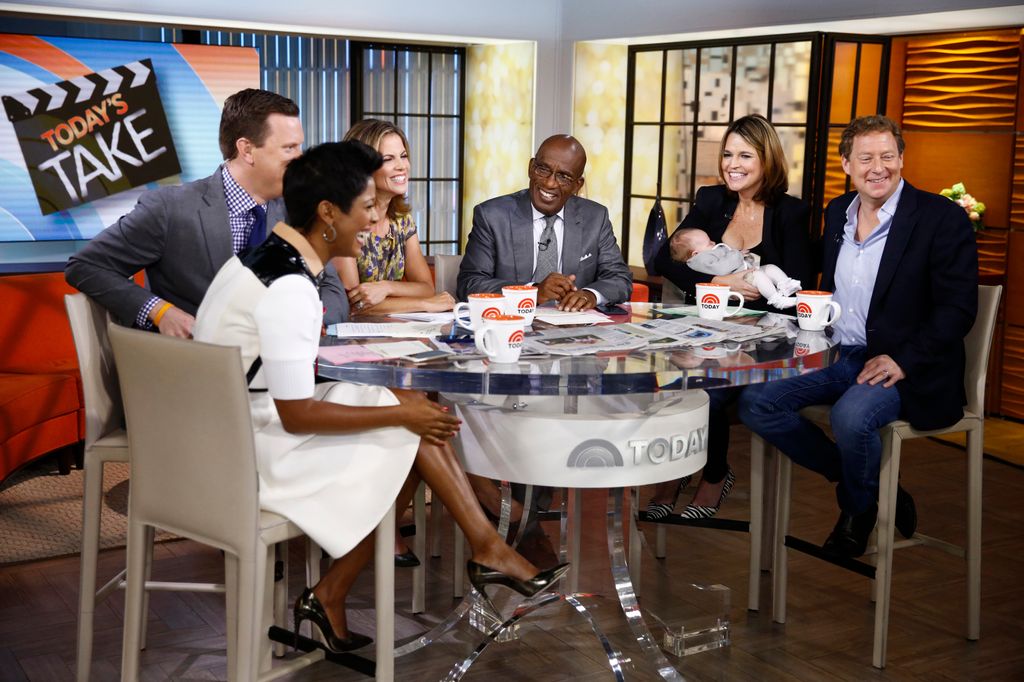 Tamron Hall, Willie Geist, Natalie Morales, Al Roker, Savannah Guthrie and Michael Feldman appear on NBC News' "Today" show