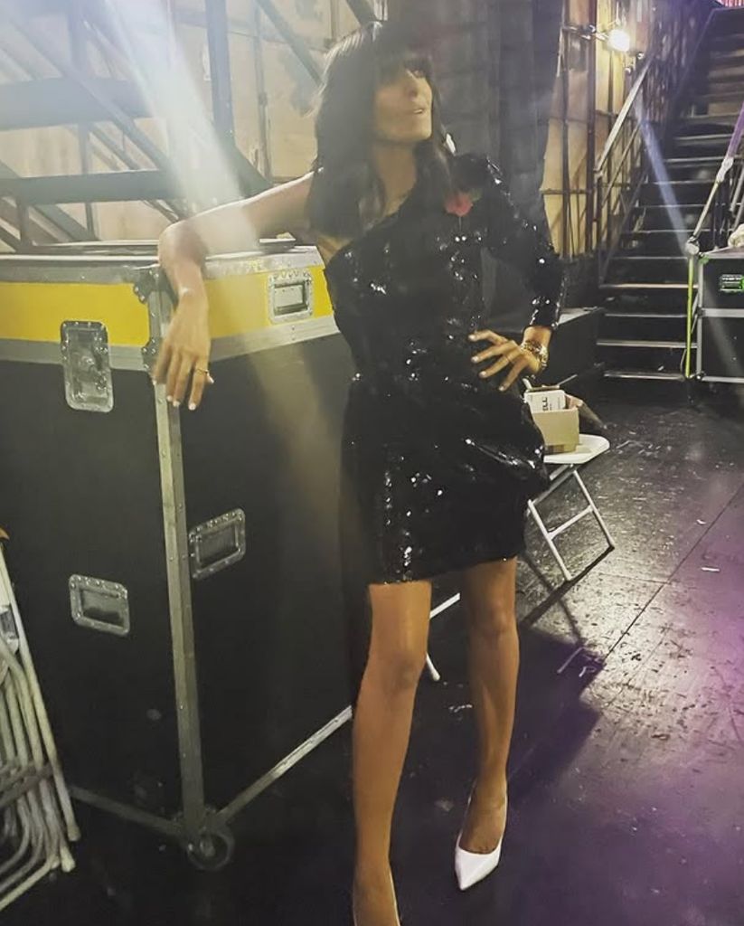 Claudia Winkleman black sequin mini dress on Strictly Come Dancing