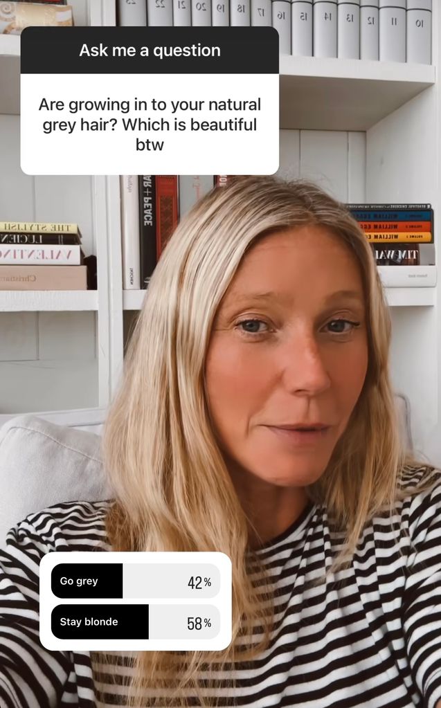 Still from an Ak Me Anything by Gwyneth Paltrow on her Instagram Stories, August 2023, where she was asked if she was letting her her grow gray, and she in turn asked fans on whether she should or not.