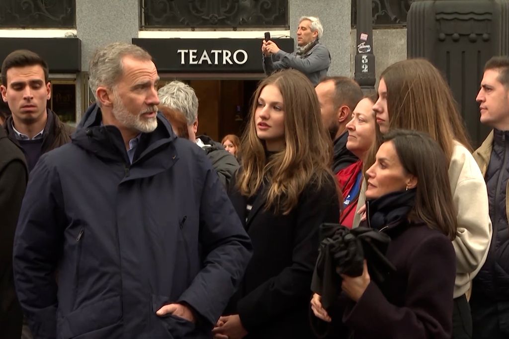 King Felipe and Queen Letizia with their daughters, Princess Leonor and Infanta Sofia, during the procession of Our Lady of Solitude in Madrid