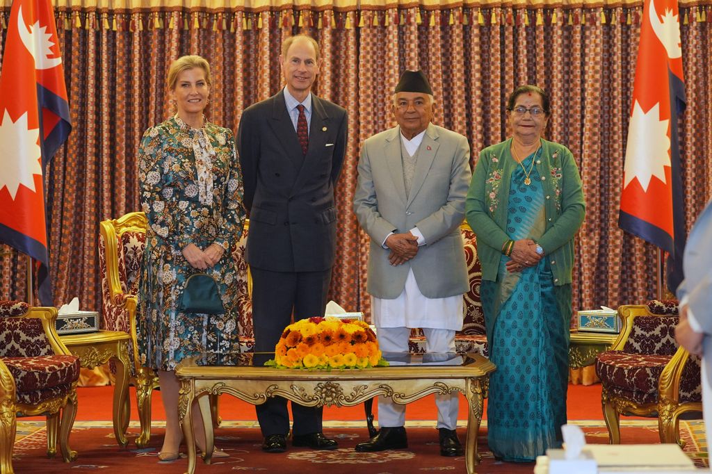 The Duke and Duchess of Edinburgh with President of Nepal, Ram Chandra Paudel and his wife Sabita at the Presidential Palace