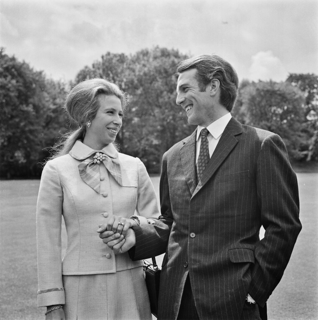 Anne, the Princess Royal, with her fiancÃ©, equestrian champion Mark Phillips in the grounds of Buckingham Palace in London, following the announcement of their engagement the previous day, UK, 30th May 1973.  (Photo by Evening Standard/Hulton Archive/Getty Images)