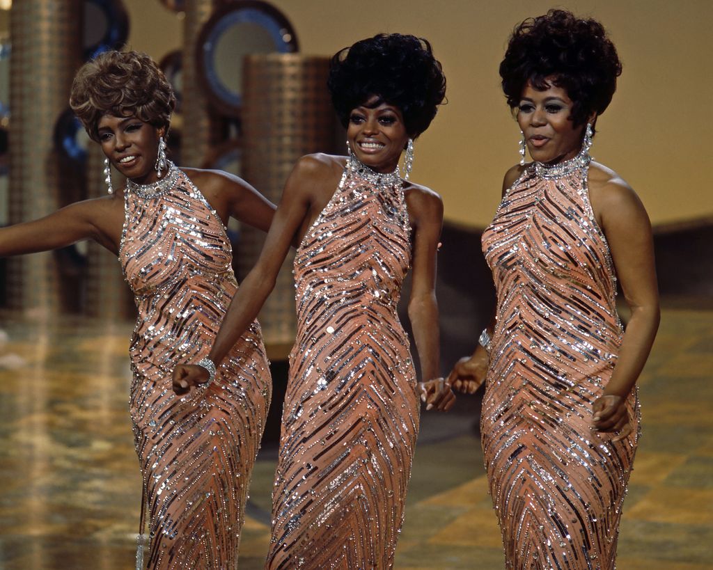 The Supremes wearing matching sequinned peach dresses by Bob Mackie c.1965