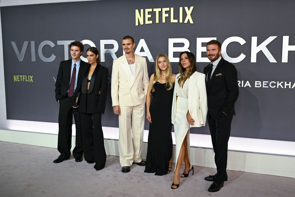 Cruz Beckham, Jackie Apostel, Romeo Beckham, Harper Beckham, Victoria Beckham and David Beckham attend the "Victoria Beckham" World Premiere at the Curzon Mayfair on October 08, 2025 in London, England