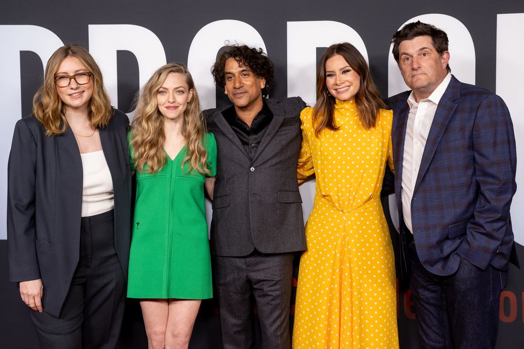 Elizabeth Meriwether, Amanda Seyfried, Naveen Andrews, Rebecca Jarvis and Michael Showalter attend the Los Angeles finale event for Hulu's 'The Dropout' at Paramount Theatre on April 11, 2022 in Los Angeles, California