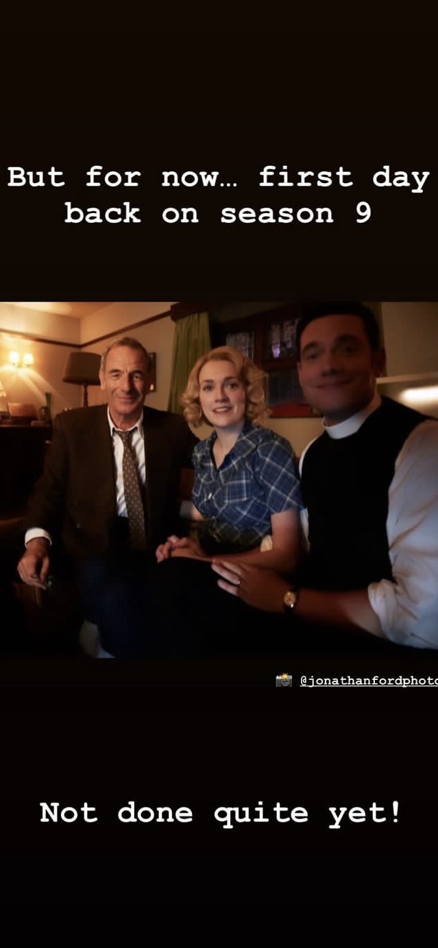 Robson Green, Charlotte Ritchie and Tom Brittney on the set of Grantchester season 9 