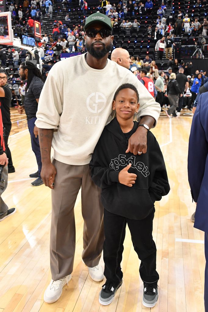 Dwyane Wade and Xavier Wade attend a basketball game between the Los Angeles Clippers and the Utah Jazz at Intuit Dome on November 17, 2024 in Inglewood, California