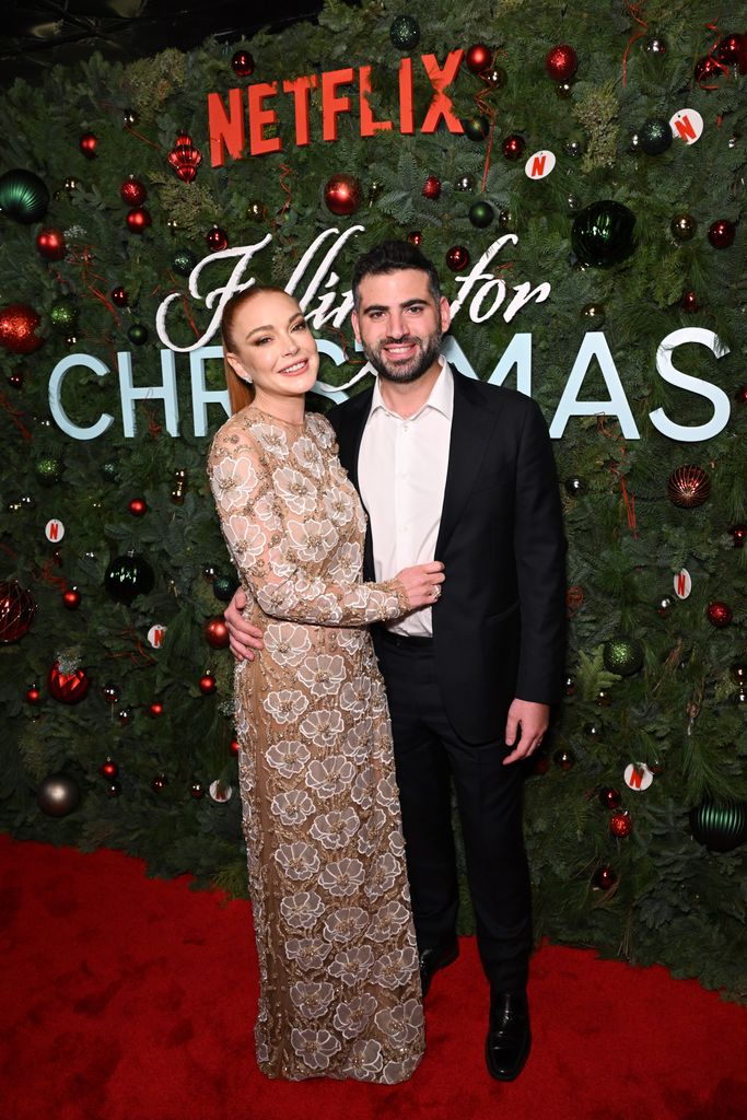 Lindsay Lohan and Bader Shammas attend Netflix's Falling For Christmas Celebratory Holiday Fan Screening with Cast & Crew on November 9, 2022 in New York City