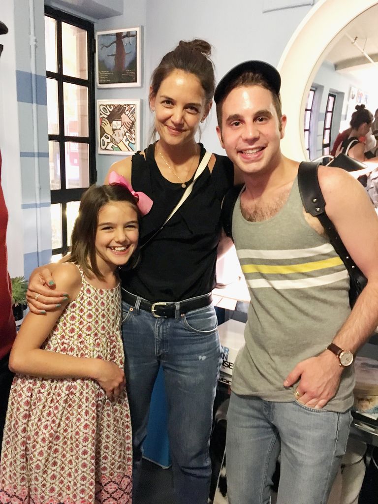 Suri Cruise, Katie Holmes and Tony Winner Ben Platt pose backstage at the hit musical "Dear Evan Hansen"on Broadway at The Music Box Theatre on July 19, 2017 in New York City.