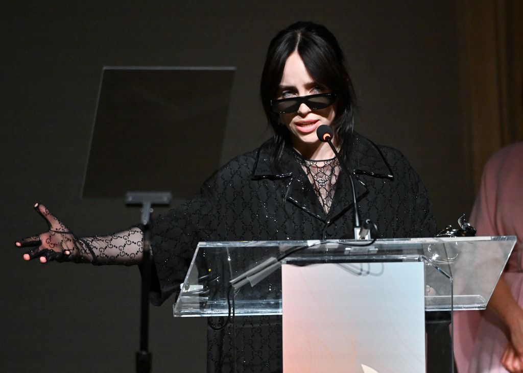 Billie Eilish speaks onstage at the 26th Costume Designers Guild Awards held at Neuehouse Hollywood on February 21, 2024 in Los Angeles, California